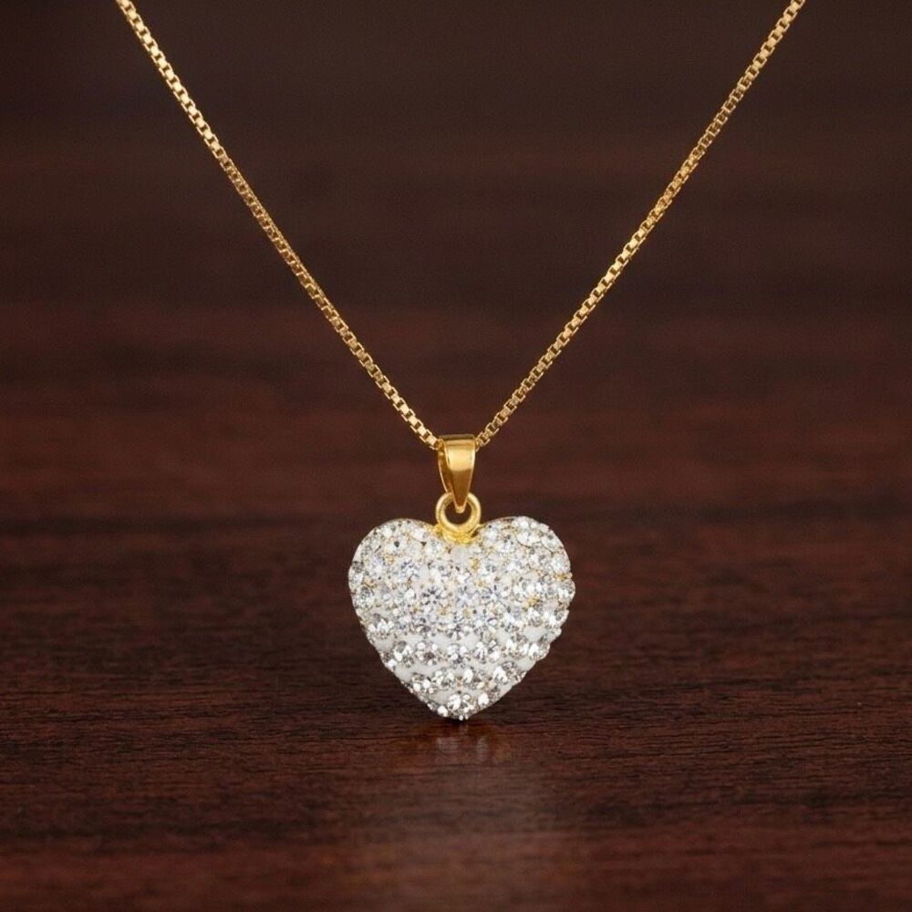Gold Vermeil Pavé Heart Pendant Necklace - Icy White Zirconia Heart Charm 18”